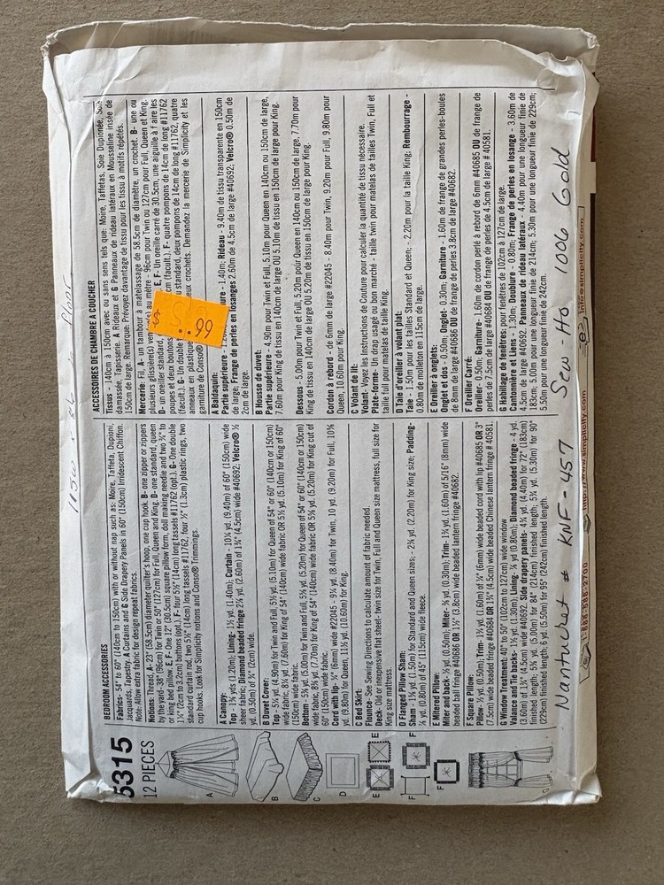 Simplicity Pattern 5315 Bedroom Accs. Sewing Craft Project UNCUT