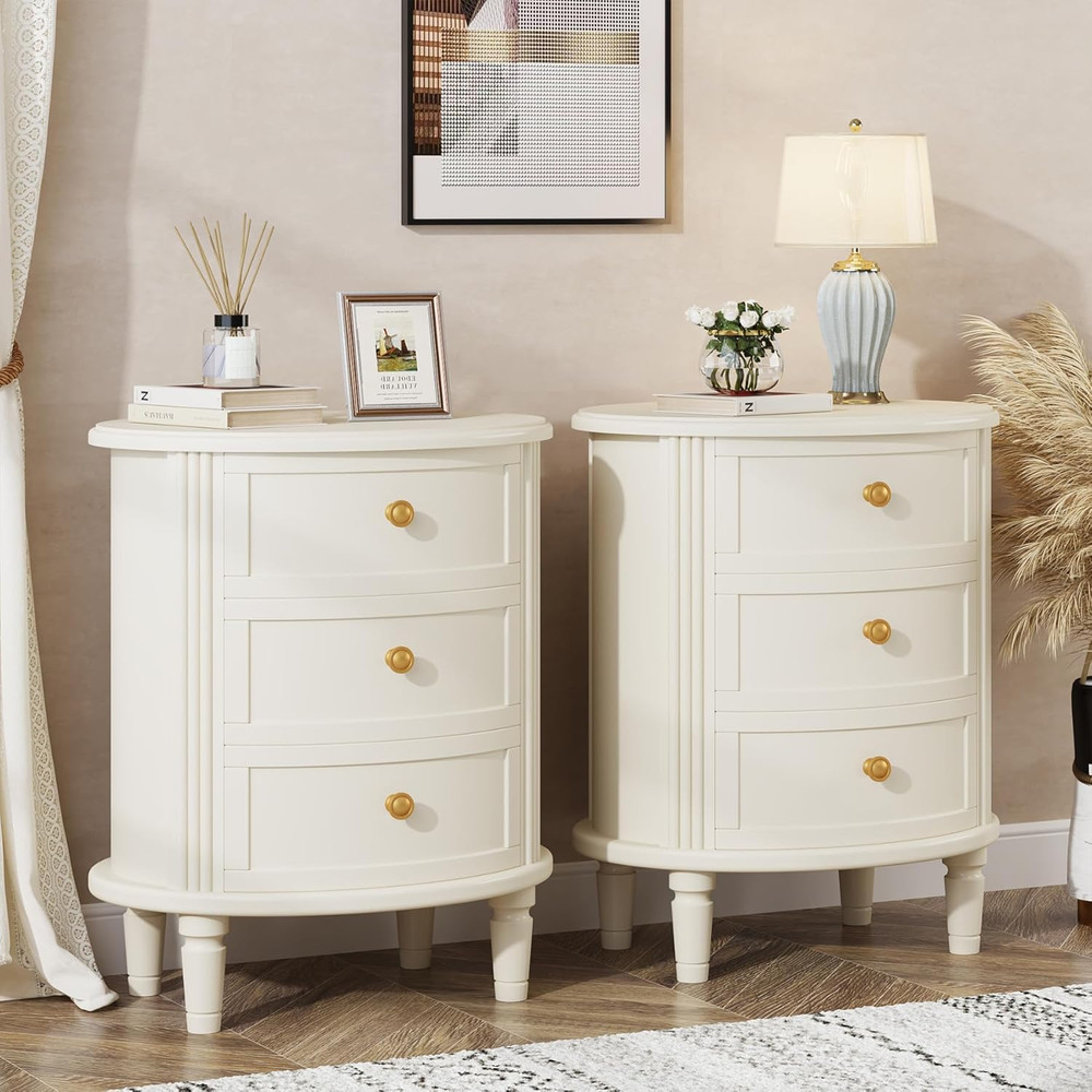 Nightstand with 3 Drawers, Oval Bed Side Table for Bedroom, Fully Assembled, Far