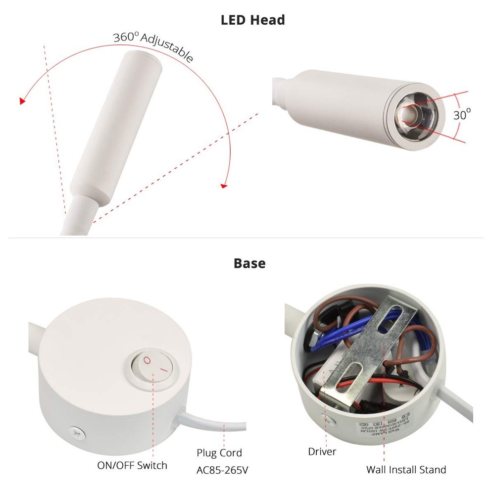 2 Pack Wall Mount Lamp Reading Light Plug Cord for Bed Easy Install AC85-265V...