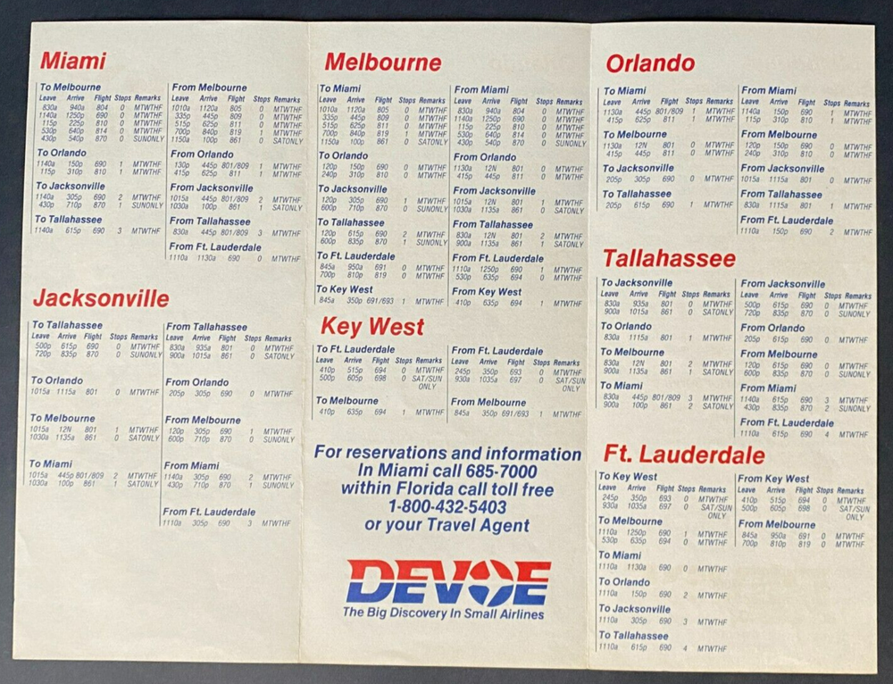 Devoe Airlines Timetable Effective March 22, 1982