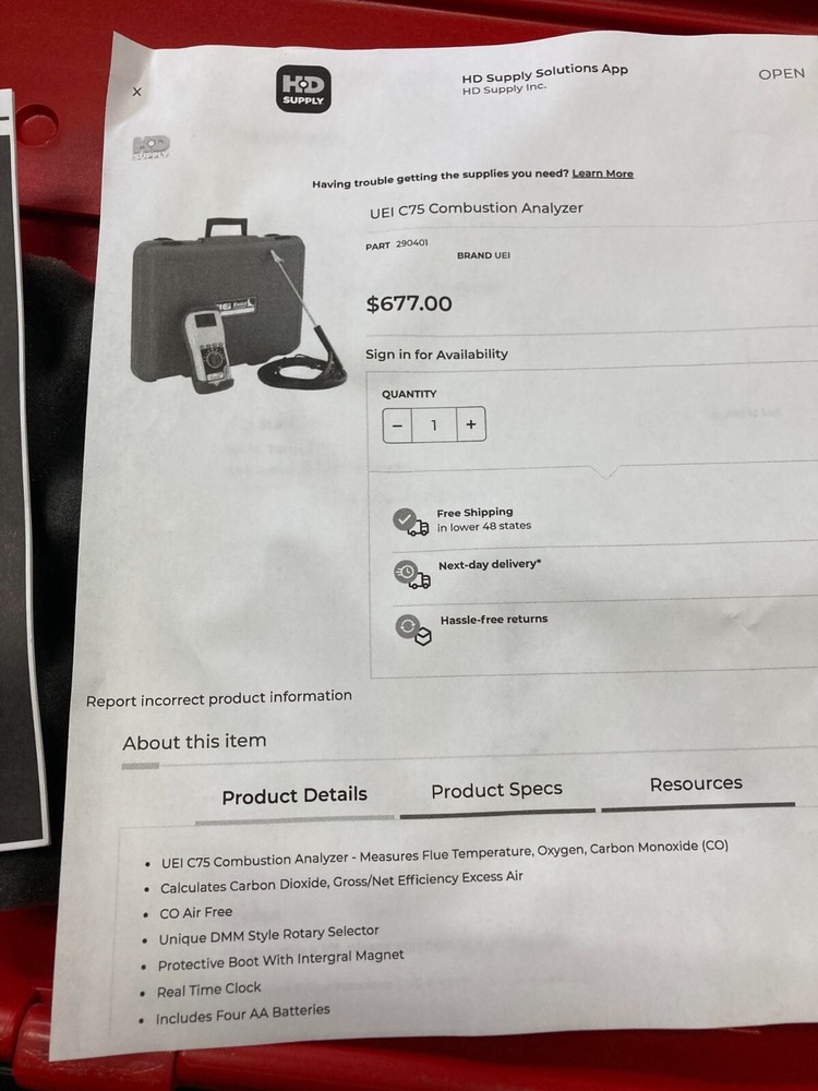 UEI C75 Combustion Analyzer - New and Unused