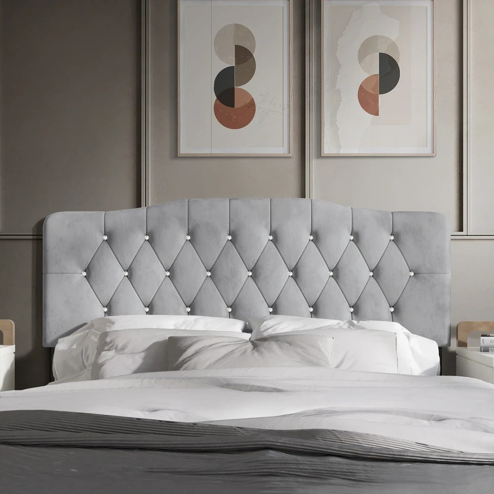 Full Size Headboard Only Upholstered Silver Gray Adjustable Hgt Diamond Tufted