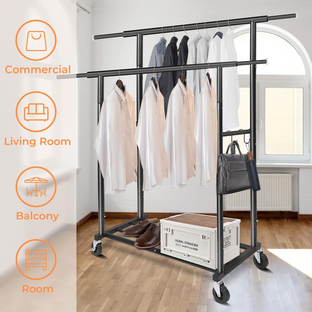 Garment Clothes Rack Double Rods Rolling and Lockable Stand