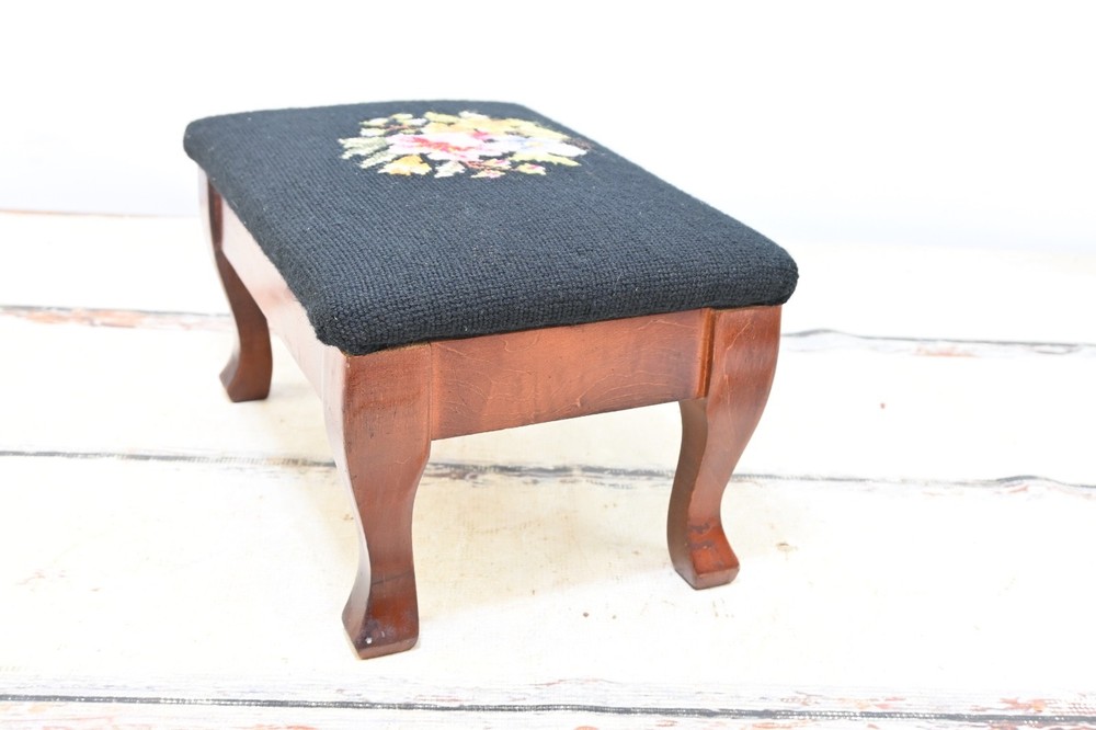 Vintage Floral Needlepoint Footstool Wool Rectangular Victorian Flowers 14.5x9.5