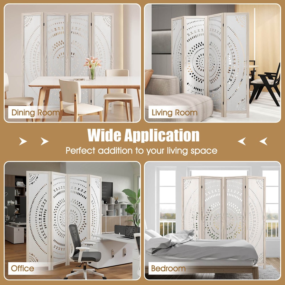 66" Boho 4-Panel Room Divider with Carved Pattern & Solid Wood Frame 360° Hinges