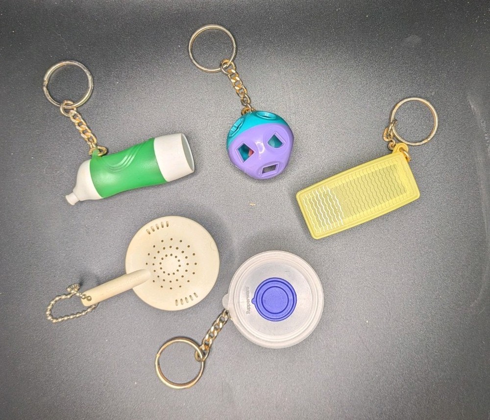 5 Tupperware kitchen plastic keychains with detachable keyring, multi-color