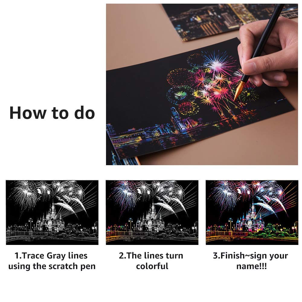 Scratch Art Paper, Rainbow Night View Scratchboard Medium, Fireworks Series