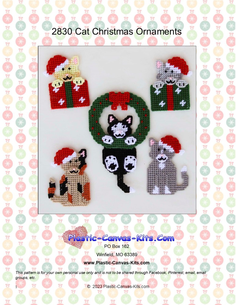 Cat Christmas Ornaments-Plastic Canvas Pattern or Kit