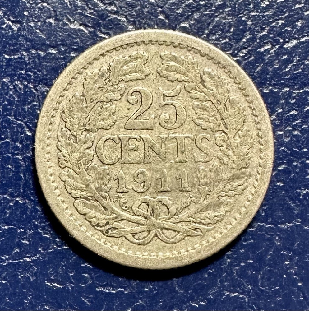 Rare Beautiful 1911 Netherlands 25 Cent SILVER KM 146