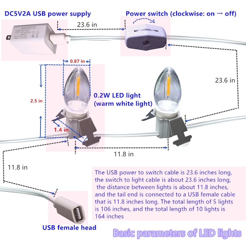 DC5V Safety Voltage Christmas Lights Accessory Cord with 10 LED, Switch Set, ...