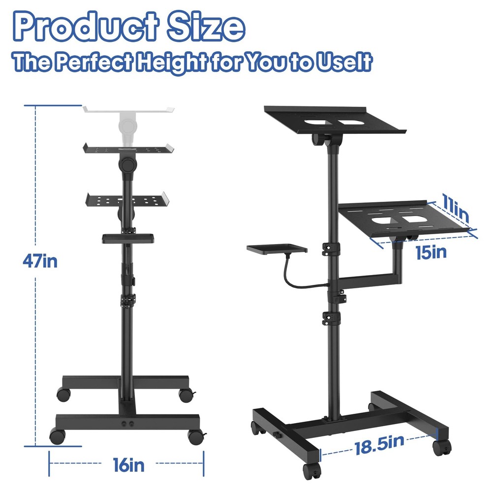 GSOW 2-Shelf Mobile Projector, Laptop Stand, Rolling, Adjustable Height