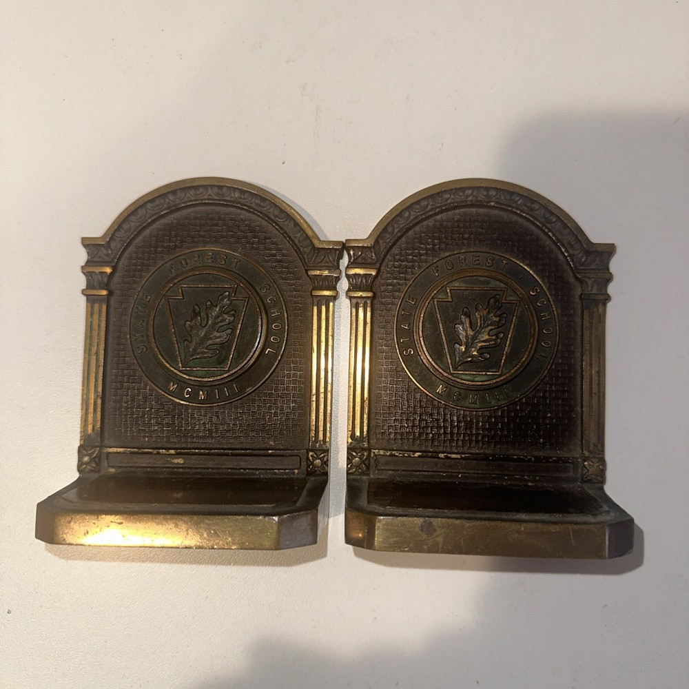 Vintage CS&CO State Forest School MCMIII Bookends Solid Bronze Medallion