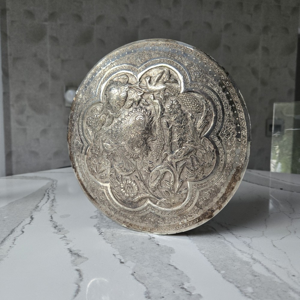 Large Beautiful Middle Eastern Silver Dome Top Round Box