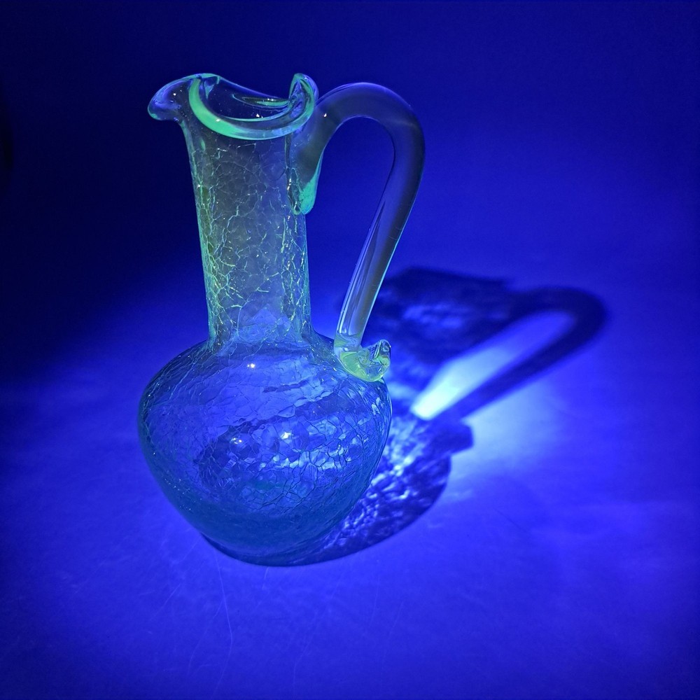 Vintage Blue Crackle Glass Pitcher With Applied Handle