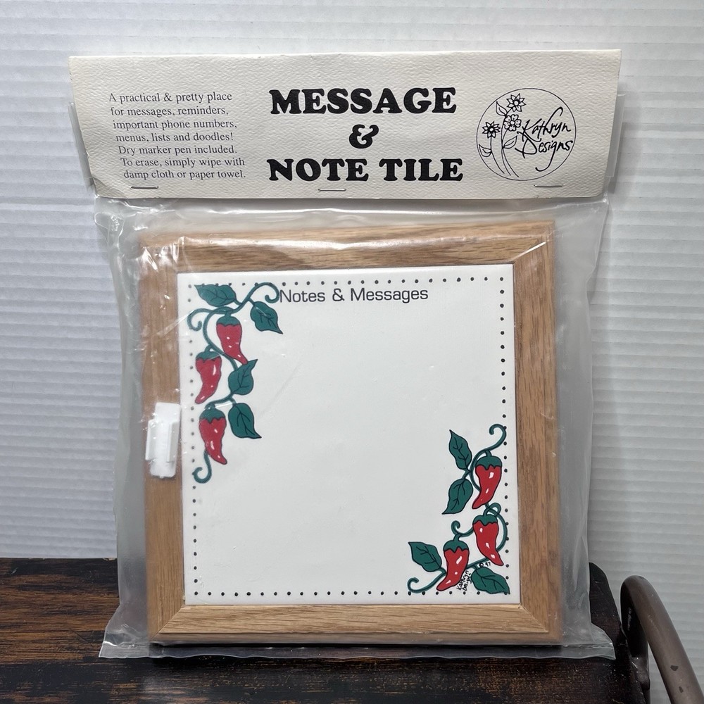 Vintage Ceramic Message & Note Tile Hanging Oak Frame Chile Peppers