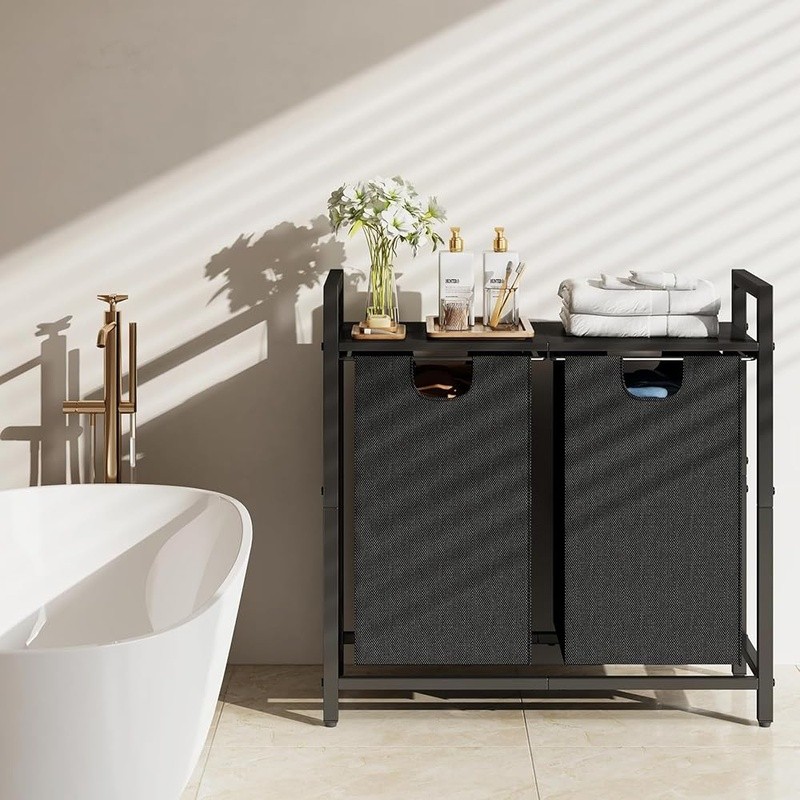 Laundry Basket Organizer 2 Removable Bags Pull-Out Design Laundry Hamper Shelf