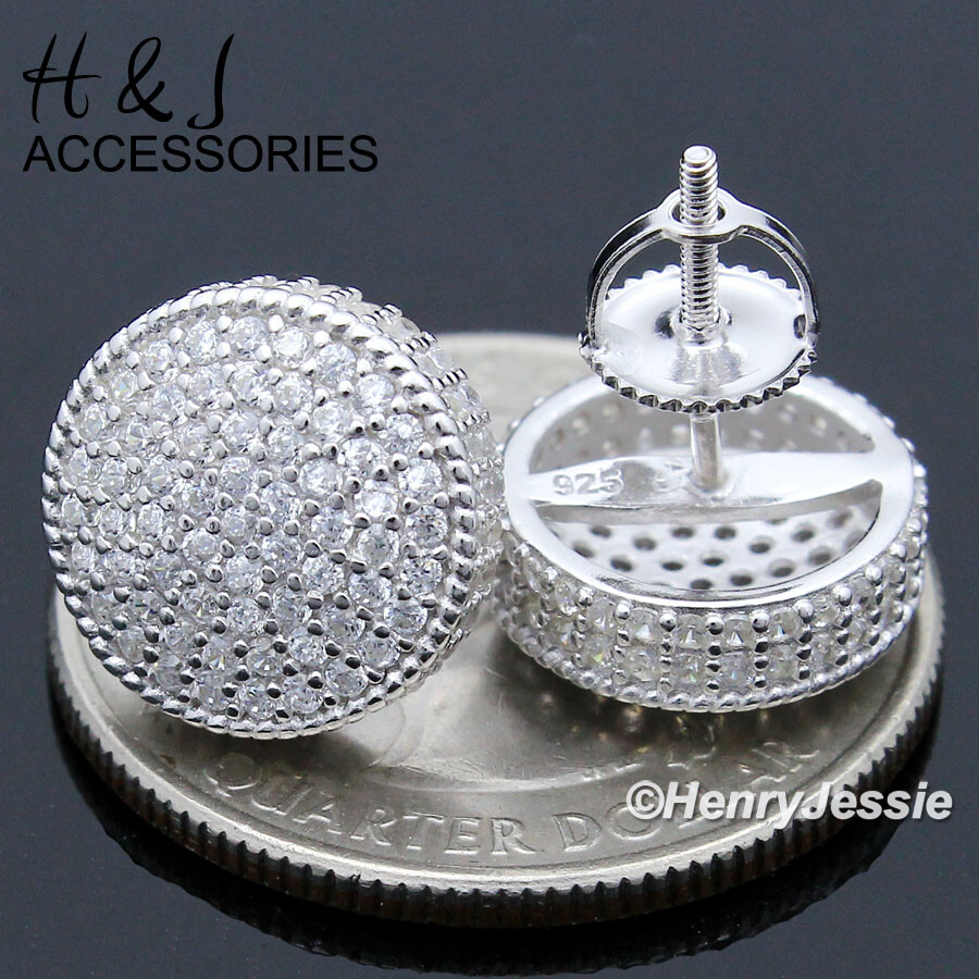 MEN 925 STERLING SILVER 12MM ICY BLING CZ SILVER ROUND STUD EARRING*E190