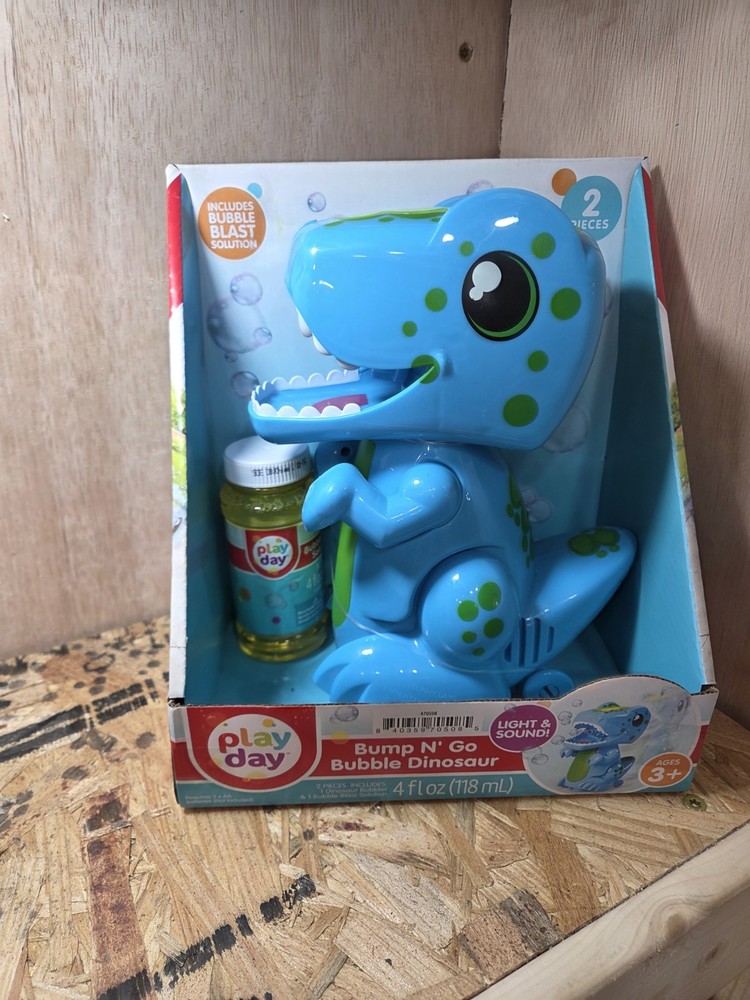 Play Day Bump N Go Bubble Blowing Dino w/ Lights, Sounds + 4oz Solution NEW