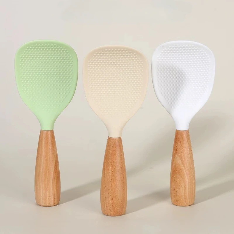 Silicone Rice Spoon with Wood Handle Heat Resistant Kitchen Rice Paddle