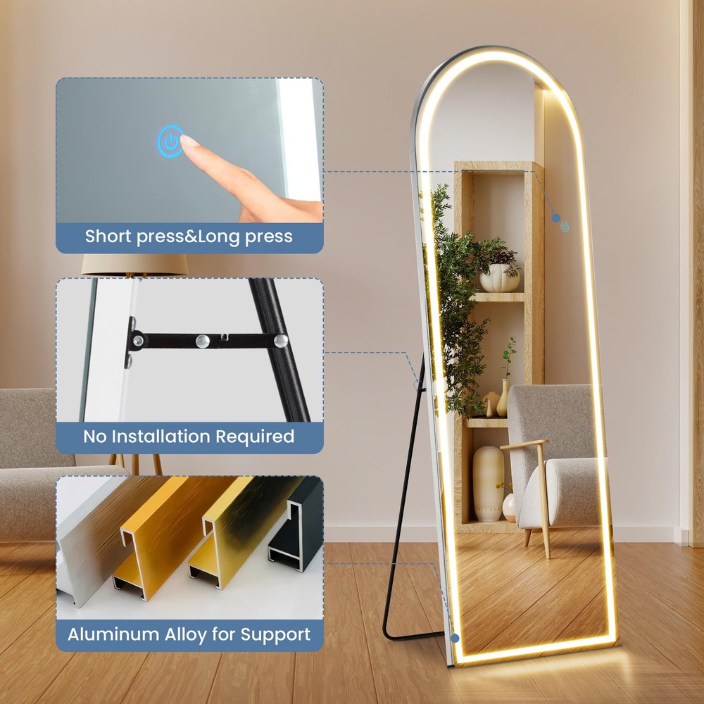 Arched Full Length Mirror LED Light Floor Standing Wall Mounted 3 Color Lights