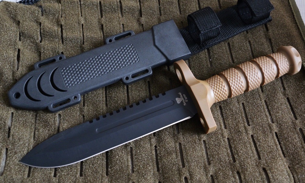 12” Fixed Blade Knife Black Blade Full Tang Rubber Handle Sawback Sharp Bayonet