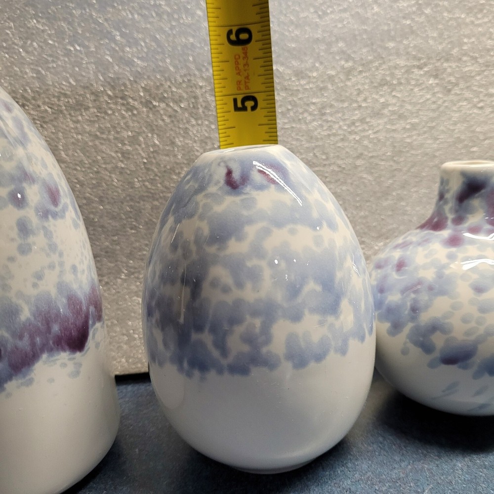 Glazed Ceramic Vases, 3 piece, white - blue small Table Vases NEW (9F)