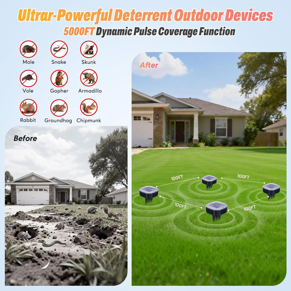 Pack Mole Repellent Solar Powered, Snake & Skunk & Vole & Gopher & Armadillo & R