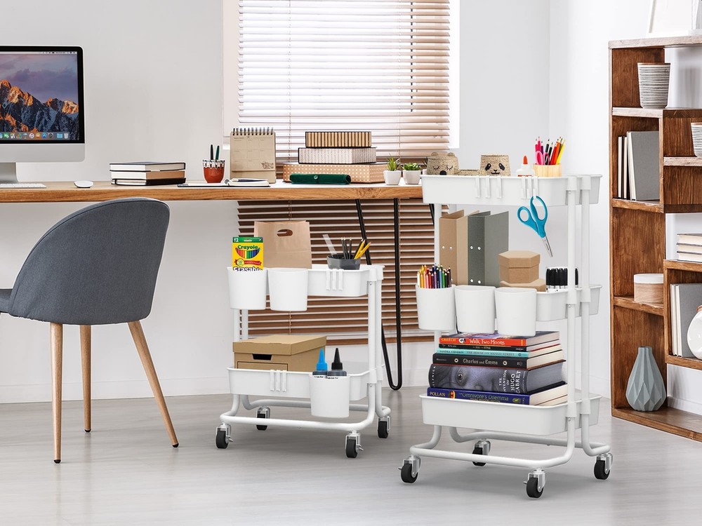 CAXXA 3-Tier Rolling Storage Organizer with 3 Small Baskets - Mobile Utility ...