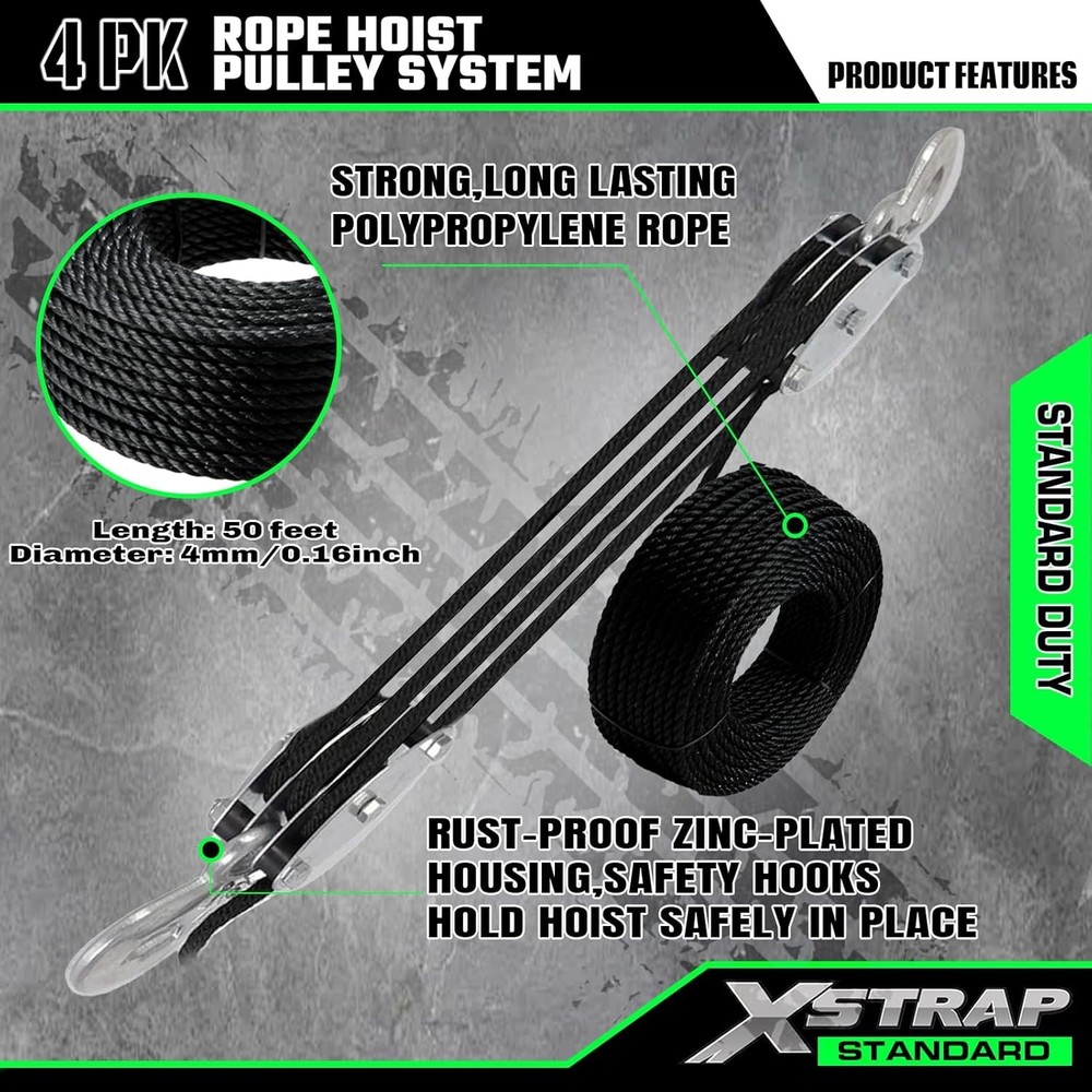 Efficient 50 FT Block & Tackle Pulley System with Soft Loops - 2000 LB Strength