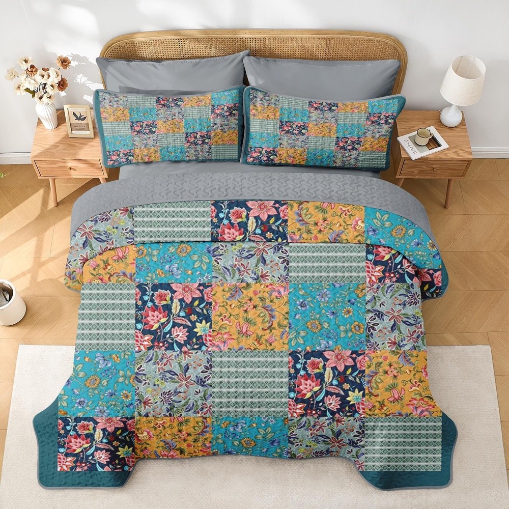 Patchwork Quilt Set Queen Size, Rustic Flowers 3 Pcs Soft Bed Cover Bedding S...