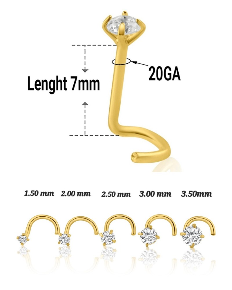 14K Solid Yellow Gold Curve Bar Nose Stud Diamond ,Twist Micro, Nose Screw