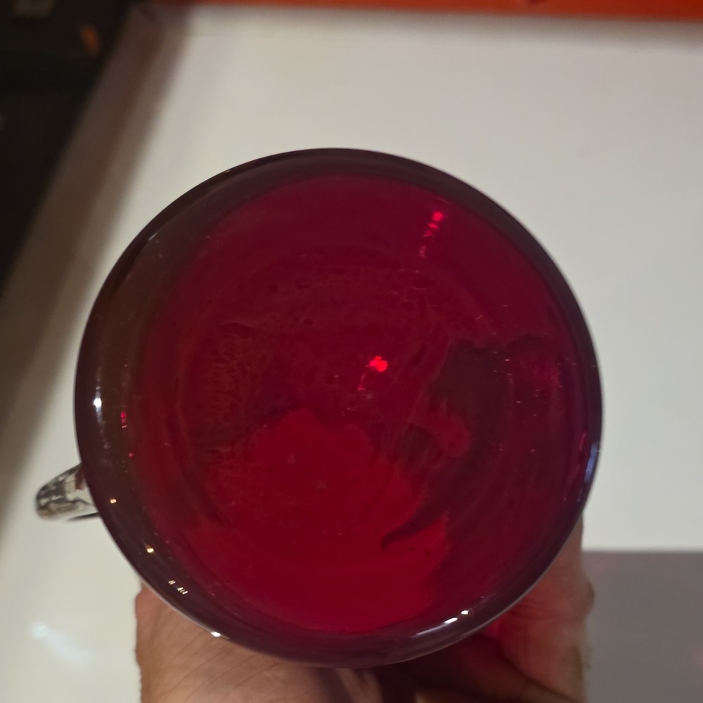 Red Hand Blown Ruby Glass Pitcher with Clear Handle, Glossy Finish, Round