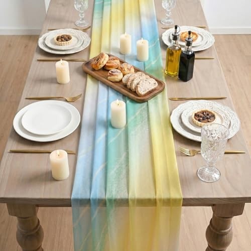 Boho Gradient Yellow Blue Stripes Spring Chiffon Table 28" x 120" Yellow/Blue