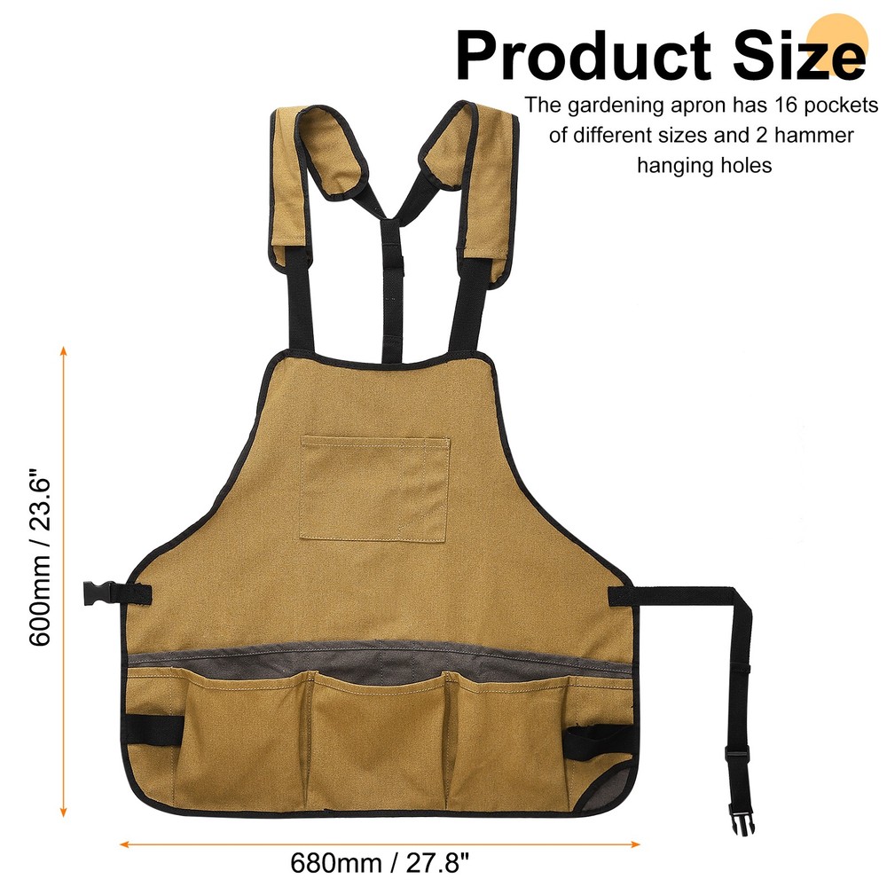 Canvas Work Tool Apron Adjustable Workshop Bib Aprons with 16 Pockets, Khaki