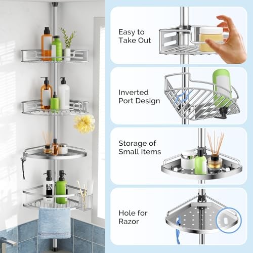 Corner Shower Caddy Tension Pole: Quick Installation 4-Tier Rustproof A-silver