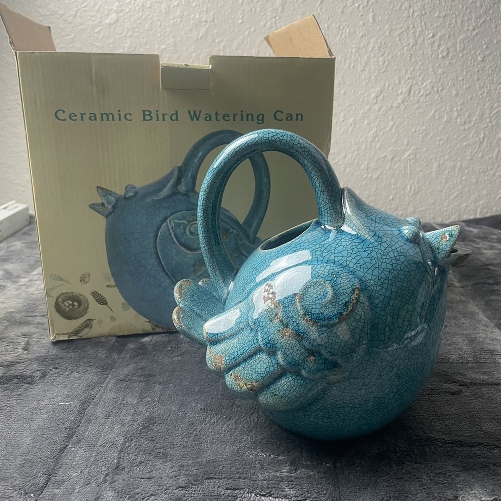 Ceramic Blue Bird Watering Can Cracker Barrel