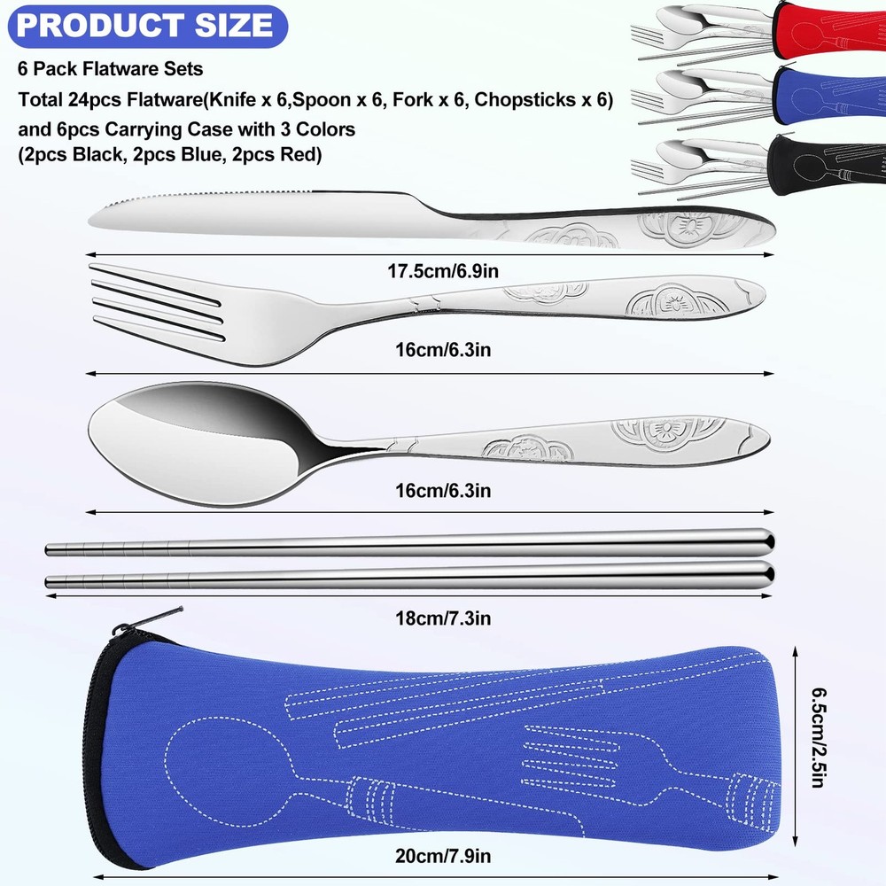 6 Pack Reusable Flatware Sets Spoon Fork Knife Chopsticks 24Pcs Silverware