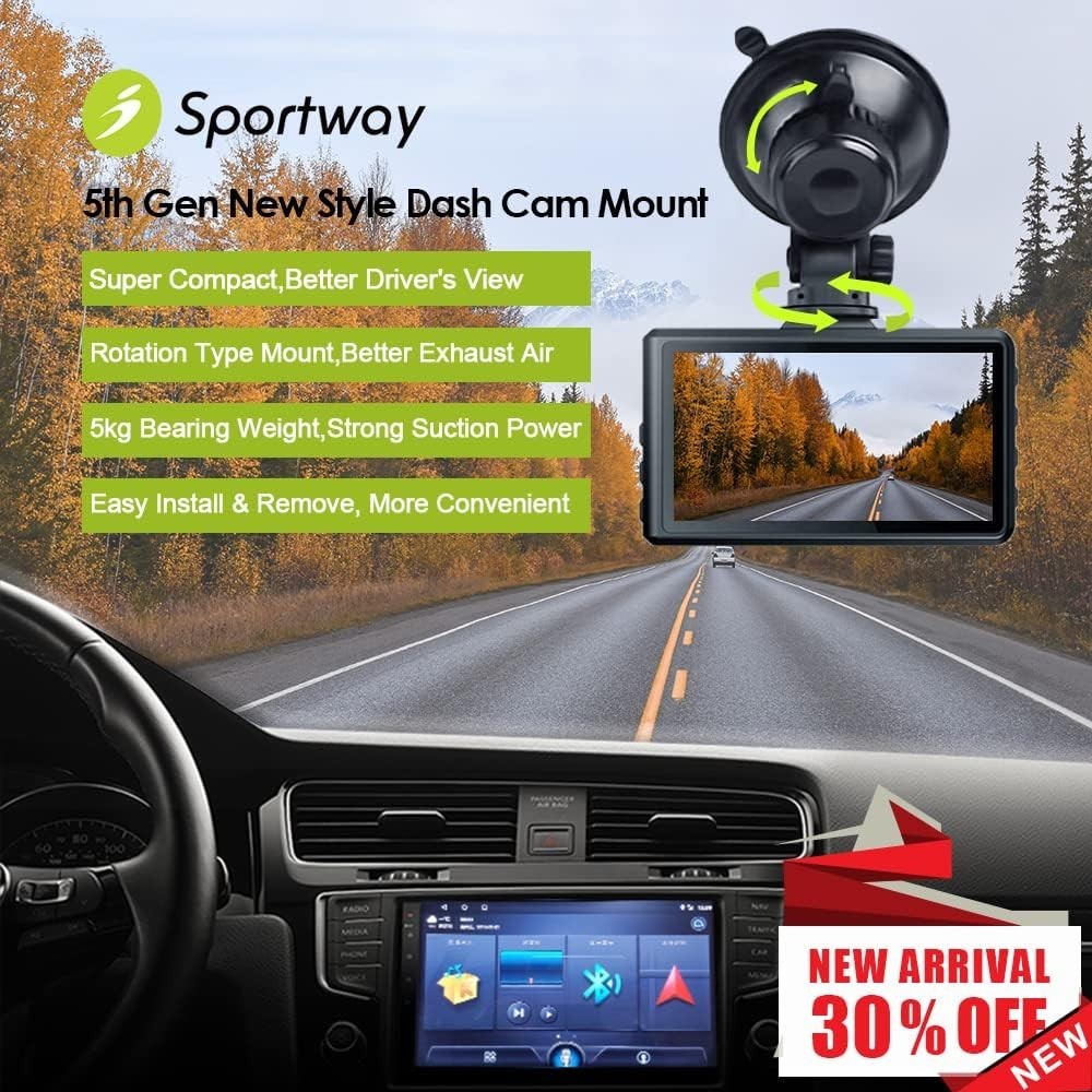 S504 5th Gen Suction Cup Dash Cam Mount - 360° Rotation, Compact Design