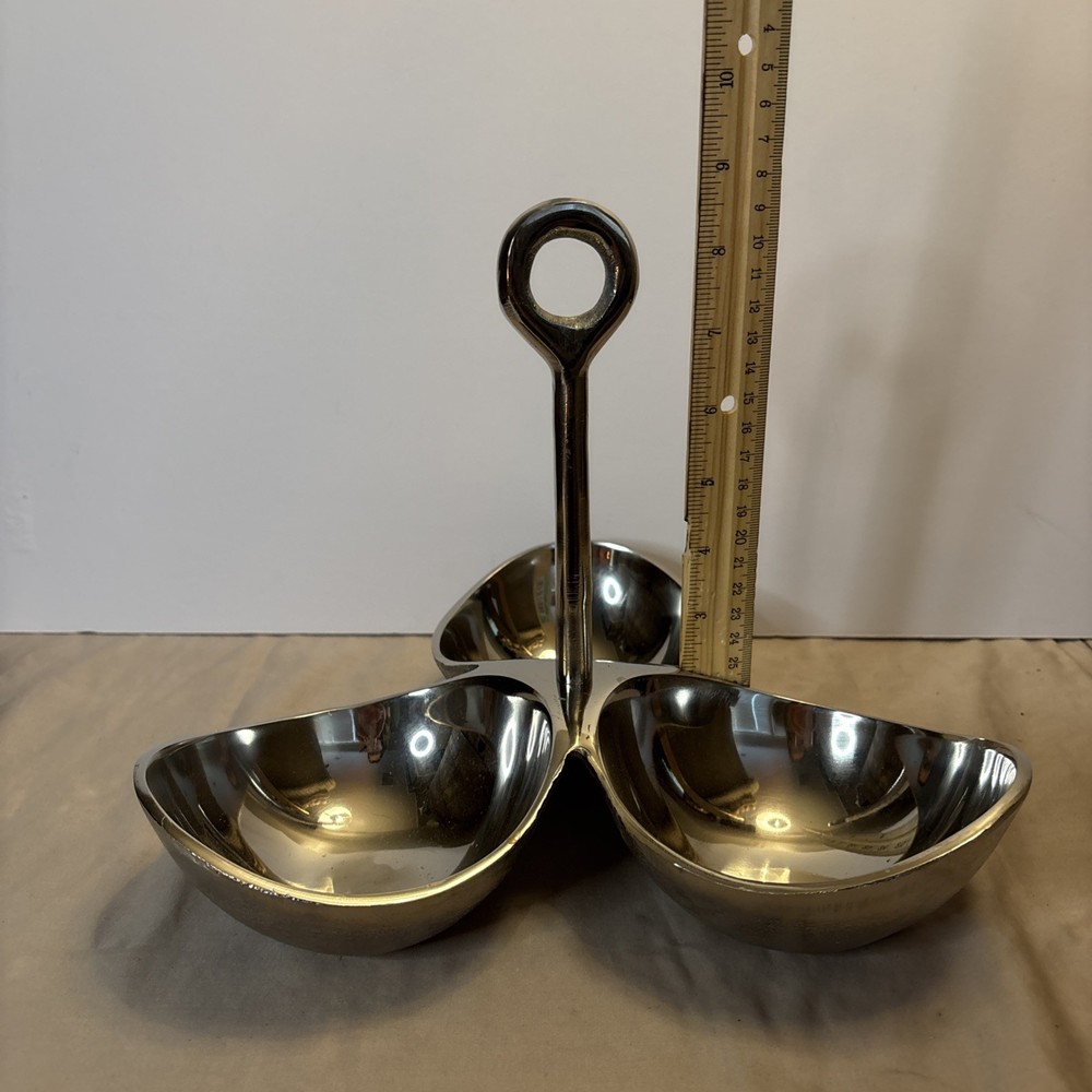 White Brass 3 Section Serving Dish w/ Handle Made in India