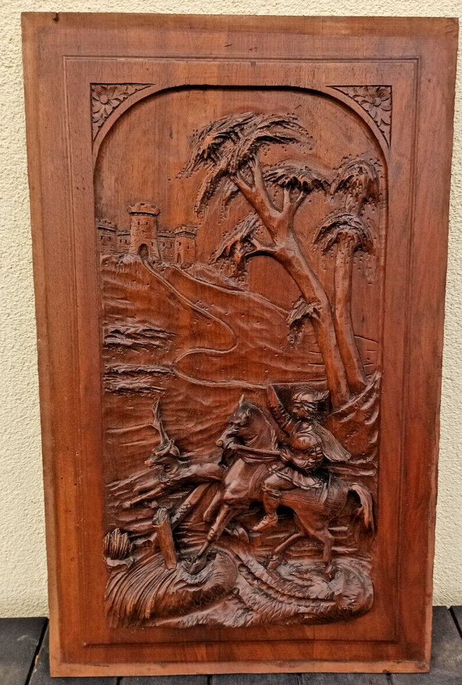 26" French Antique Architectural Horse Castle Knight Tree Panel Door Solid Oak