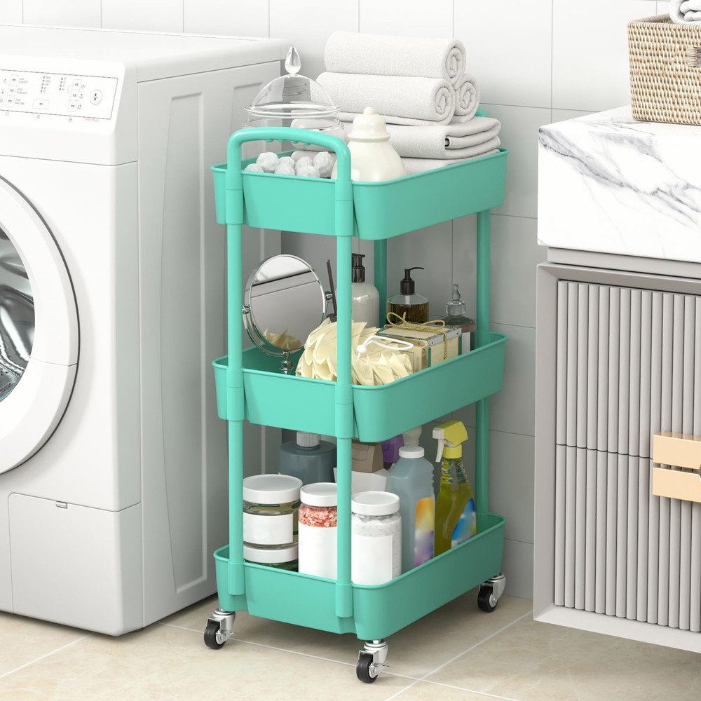 Sywhitta 3-Tier Plastic Rolling Utility Cart w/ Handle, Multi-Functional Storage
