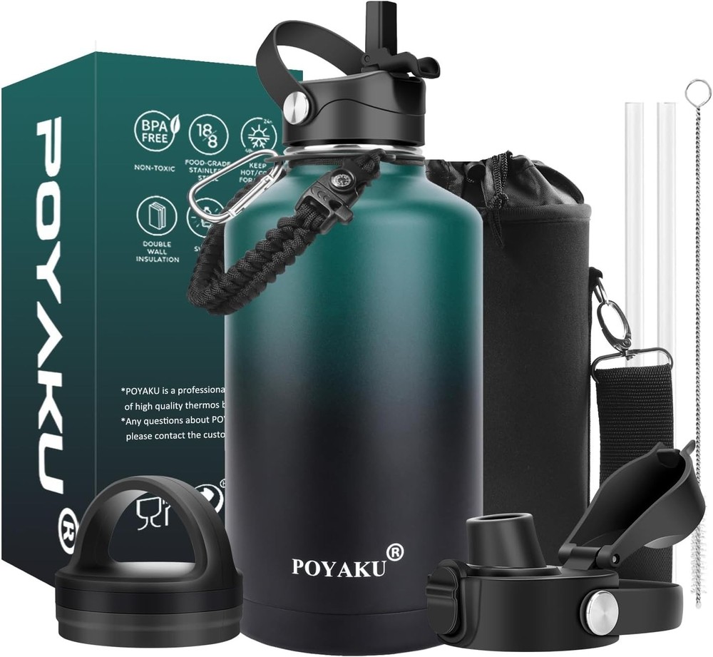 Versatile 64oz Insulated Bottle - Includes Straw, Spout & Push-Button Lid