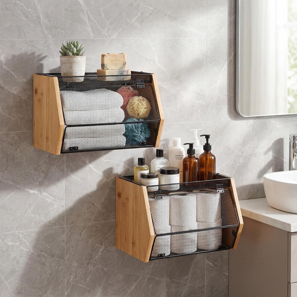 2PCS Stackable Mesh Fruit Basket Wall Mounted Storage Bin for Kitchen Bathroom