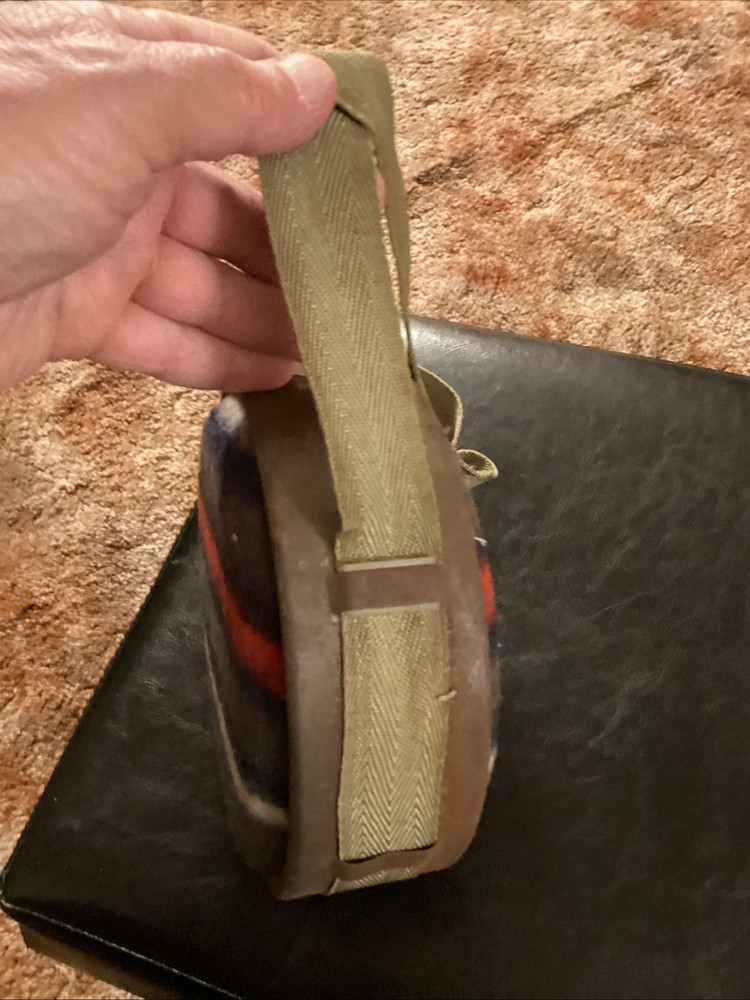 Vintage Canteen Metal Round Rustic Camping Trail Wool Nylon Strap