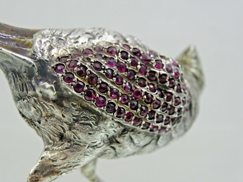 ANTIQUE AUSTRIAN Vienna SILVER ENAMEL MINIATURE BIRD PHEASANT gemset real ruby