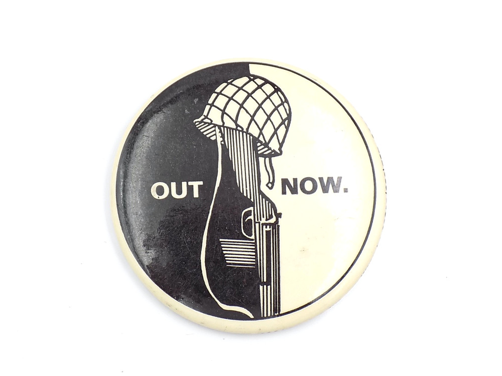 Original 1968 Vietnam War Protest "Out Now" Pinback Button