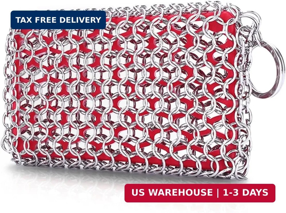 Cast Iron Scrubber, Chain Mail Scrubber with Silicone Insert, 316L Stainless Ste