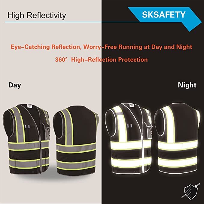 Hi Visibility Reflective Black Safety Vest /Solid knit Fabric front and back