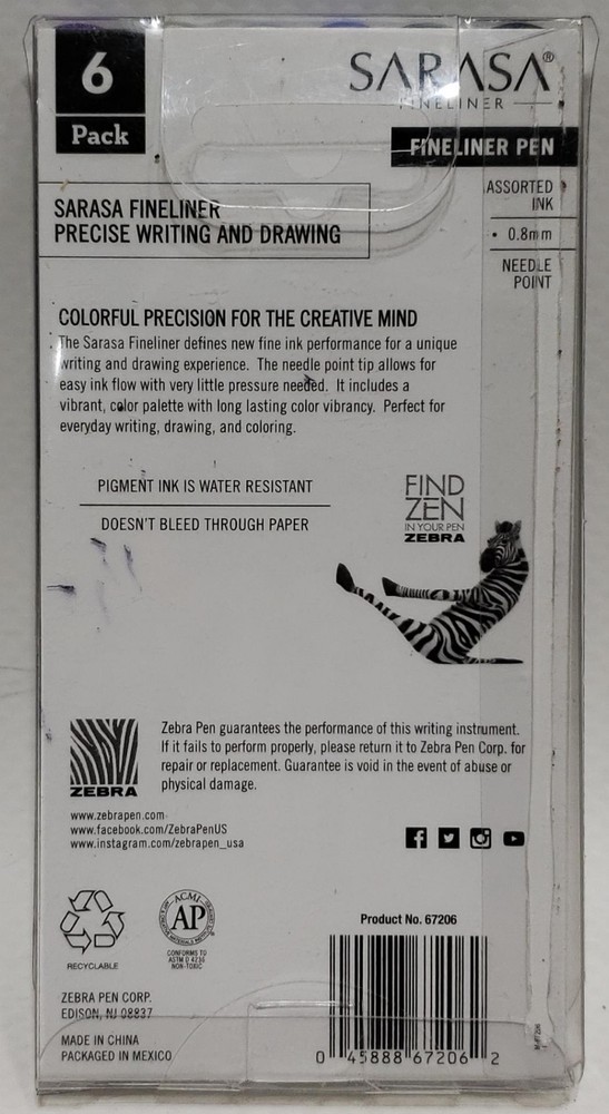 Zebra Sarasa Fineliner Felt-Tip Pens Grey Tones 6-Count Pack