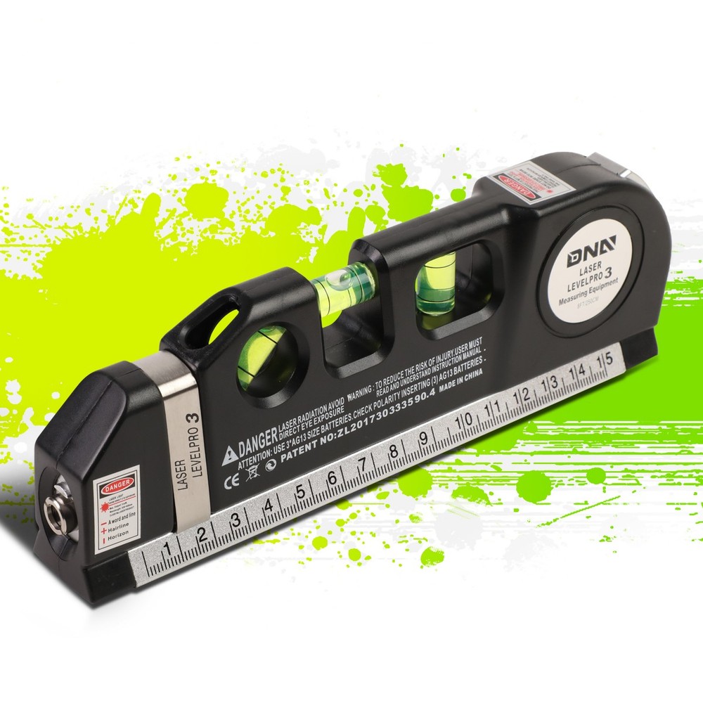 Multi-Use Horizontal+Vertical+Hairline Laser Bubble Level w/8ft Measuring Tape